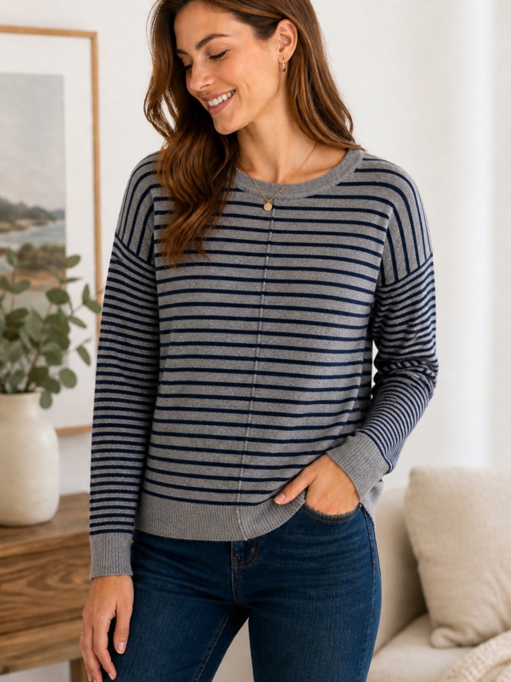Boden Wool Cashmere Sweater Striped Gray Navy Drop Shoulder Women 6